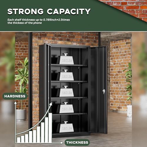 Image of Greenvelly 72 inch H Metal Storage Cabinet, 36 inch W x 18 inch D Black Locking Metal Garage Storage Cabinet with Doors and 4 Adjustable Shelves, Lockable Steel Cabinets for Home Office, Garage, Shop, School