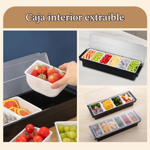 Miniatura 6 de Buachois Servidor De Condimentos, Dispensador De Condimentos Transparente De Plástico Caddy, Barra De Diseño Desmontable Con Tapa Bandeja De Contenedor De Carrito De Frutas Con Tapa 6 Compartments
