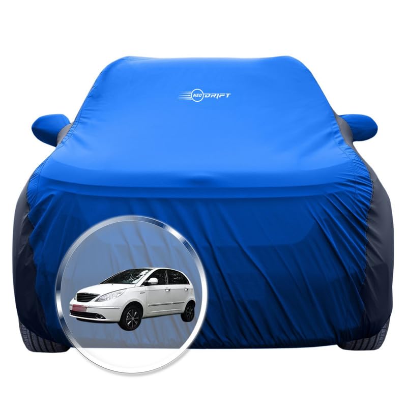 Image of NEODRIFT 'SuperTech' Car Cover for Tata Vista (100% Water-Resistant, All Weather Protection, Tailored Fit, Multi-Layered & Breathable Fabric) (Colour: Sky Blue+Black)