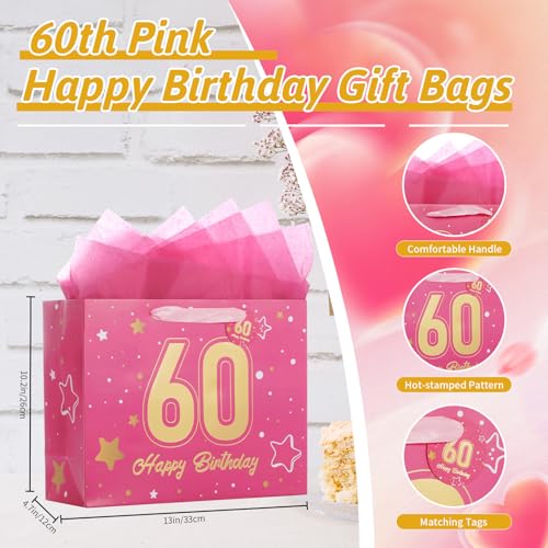 Image of Powbrace 13 inch Pink 60th Birthday Gift Bag with Tissue Paper and Greeting Card for Party,Happy Birthday Gift Bag for Men Women,Gift Bags Medium size(1 Pink 60th)