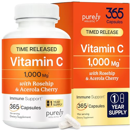 Purely Holistic Vitamin C 1000mg, 365 Capsules, 12 Month Supply, 2 Stage Timed Release with Ascorbic Acid, Rosehip & Acerola Cherry Bioflavonoid, Immune System Support, Vegan