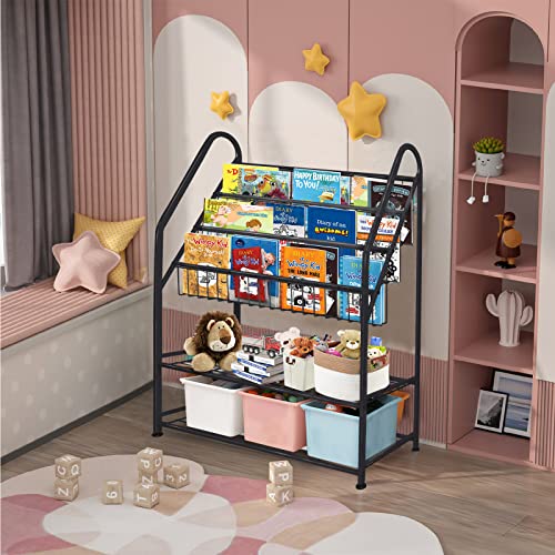 Image of aboxoo Metal Kids Bookshelf Black Large Freestanding for Children Room 32 in Toy Organizer Large Stable Bookcase Bookstore Library Book Unit Storage Kids Bed Living Room
