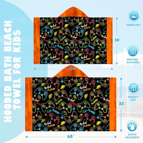 Image of Video Gamer Boys Beach Towel with Hoodie for Kids Toddlers Age 4-8,Game Controller Black Bath Towels Shower Wrap for Boys, Hooded Poncho Beach Blanket for Pool Swimming Wearable Bath Towel for Child