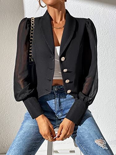 WDIRARA Women's Mesh Sheer Bishop Sleeve Shawl Collar Button Front Casual Jacket Blazer4