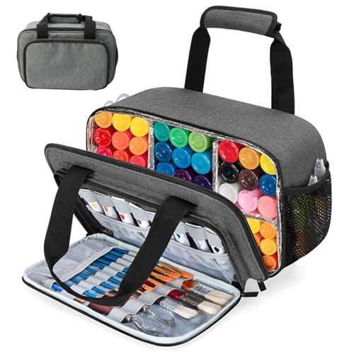 Image of Petyoung Acrylic Paint Organizer Bag for 54 Bottles (2 oz), Art Supply Storage Case with Detachable Aluminum Foil Liner Divider for Easy, Craft Paint Organizer with Extra Pocket