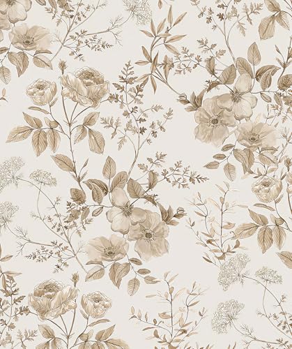 Erfoni Boho Floral Peel and Stick Wallpaper Beige Flower Leaf Contact Paper