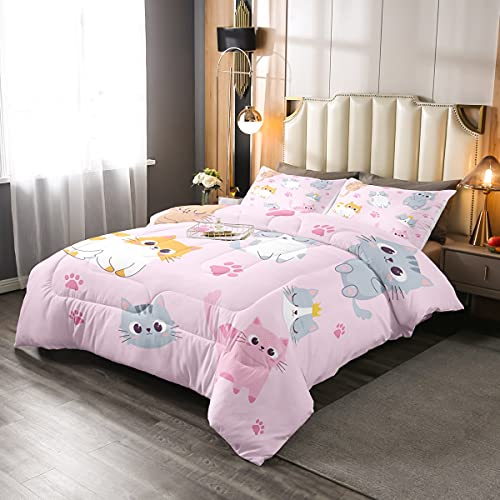 Erosebridal Kids Cat Comforter Set Twin Size Cute Colorful Cats Bedding Set For Girls Kawaii Room Decor,Pink Pet Animal Paw Down Comforter Grey Orange Cat Bed Set Soft Quilt Duvet Set 1 Pillow Case #TOP1