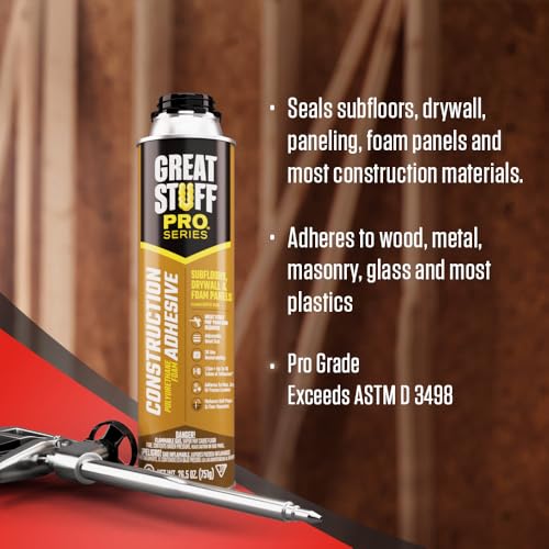 GREAT STUFF PRO Construction Adhesive for Wall & Floor 26.5oz, Polyurethane Foam Adhesive for Subfloors, Drywall & Foam Panels, One Component, Off White, Pack of 12 with Applicator (Standard Gun)