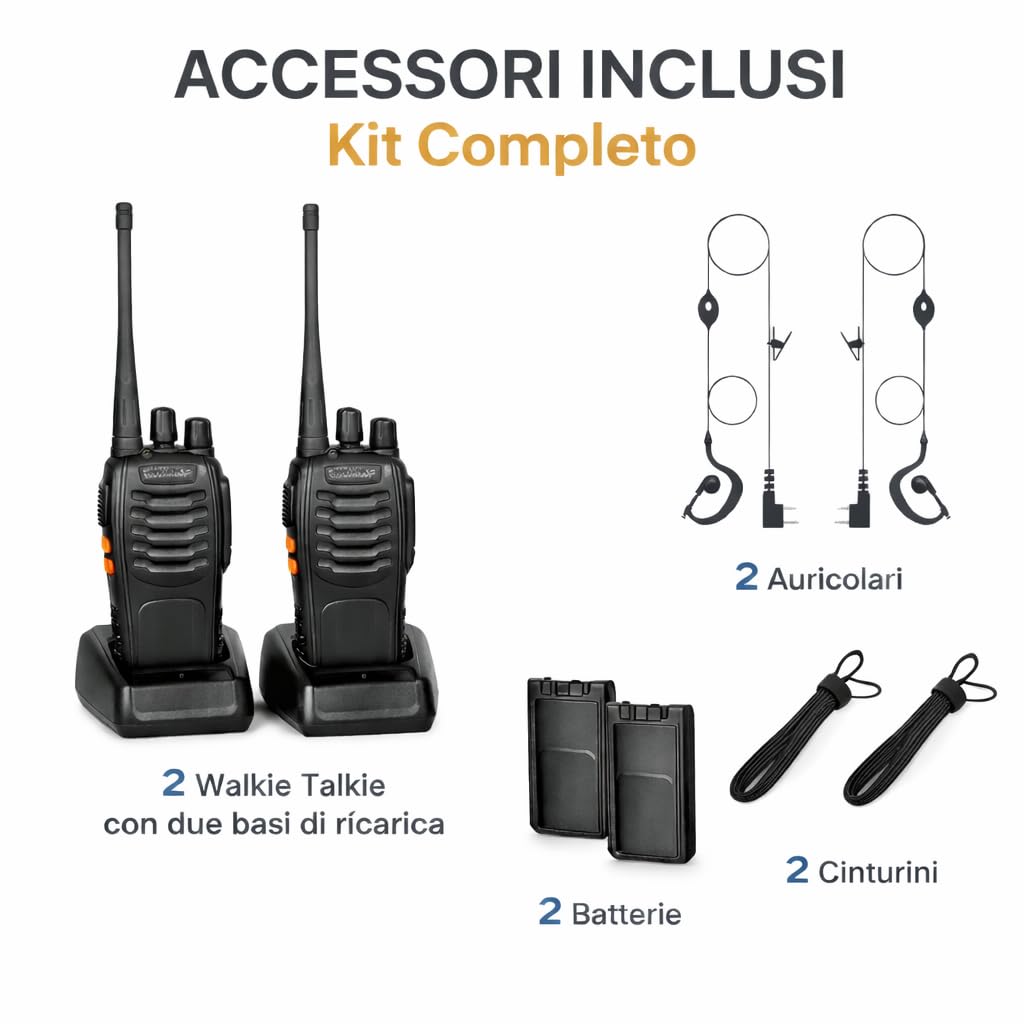 Coppia di Walkie Talkie con Potenza di 5 W | Kit Completo di Auricolari e Basi di Ricarica