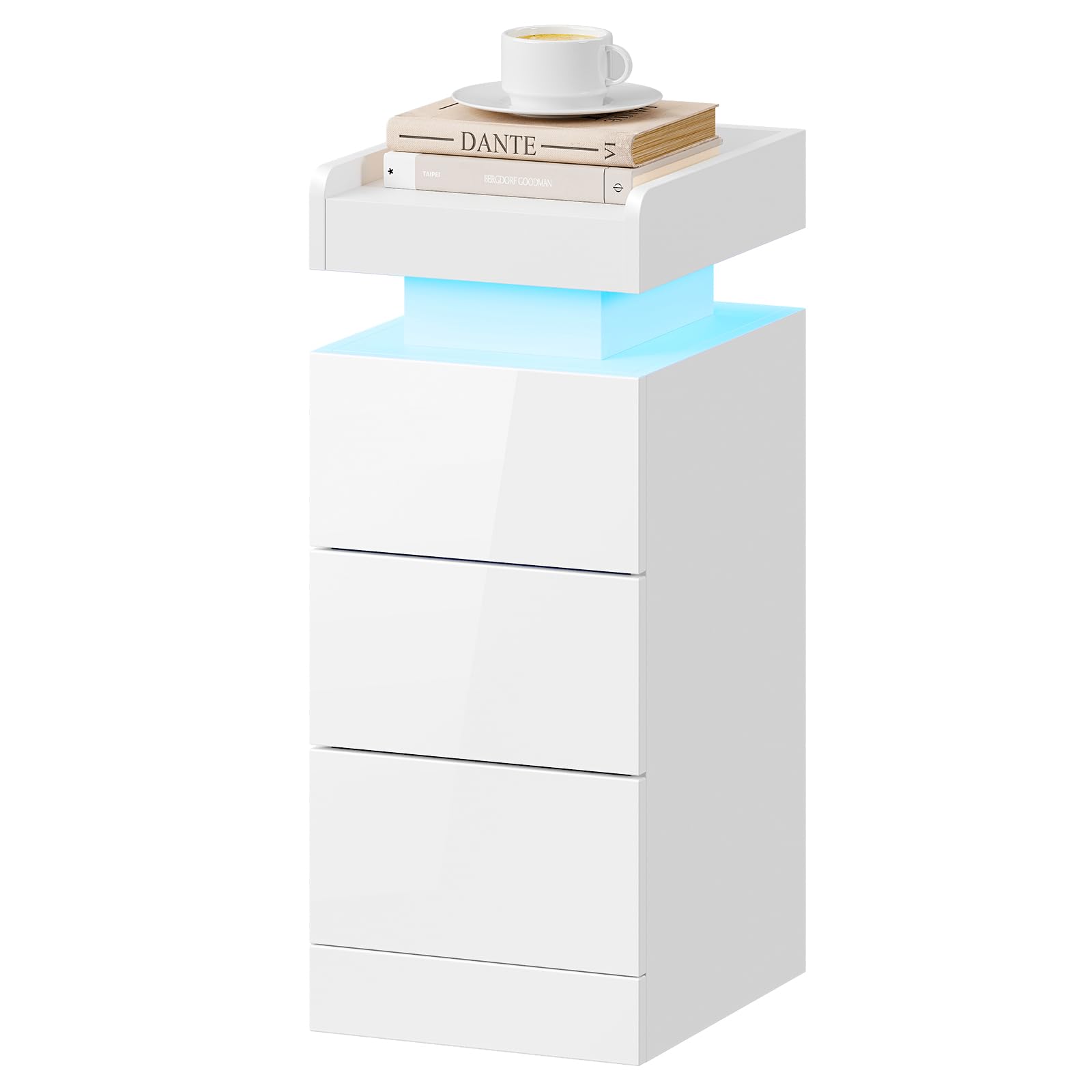 Dripex Bedside Table with Adjustable LED Lights & 3 Drawers - Slim High-Gloss Side Table, Space-Saving Bedside Cabinet for Small Space, Bedroom, Living Room, Office and Study (White) — image 1