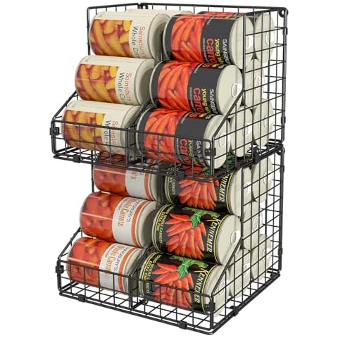 Stackable Can Organizer for Pantry with 2 Adjustable Dividers, Soda Can Organizer, Can Storage Dispenser Holds up to 28 Cans, 2 tier Metal Wire Baskets Can Holder for Kitchen Cabinet Pantry, Black Cover