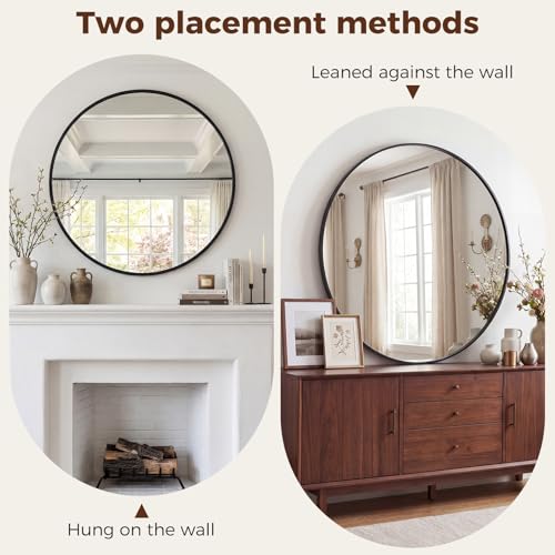 Image of Sweetcrispy 24 Inch Round Wall Mirror, Bathroom Mirrors for Over Sink, Matte Metal Framed Circle Vanity Mirror, Wall Decor for Bedroom, Entryway, Anti-Rust, Tempered Glass, Hanging or Leaning, Black