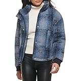 Levi's Women's Cinch Waist Puffer Jacket, Blue Ombre Wool Plaid, Small