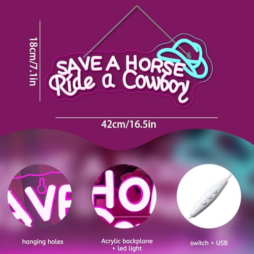 Image of WLHOPE Save A Horse Ride A Cowboy Neon Sign Brightness Led Sign Neon Signs for Wall Decor Connectivity Via Licked Neon Light for Bedroom Home Bar Club Hotel Party Decor