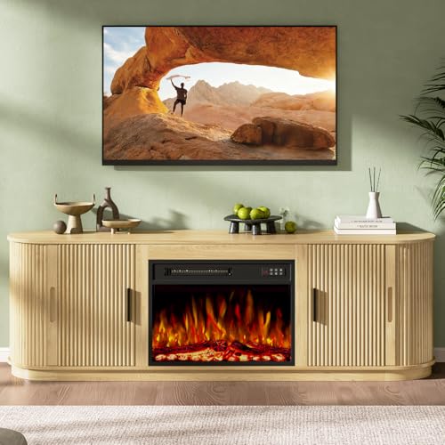 Image of Waleaf 70 inch Fluted Fireplace TV Stand with 23 inch Electric Fireplace for TVs Up to 80 inch, Entertainment Center with Sliding Door, Curved Profile Design, Wood Console for Living Room, Wood
