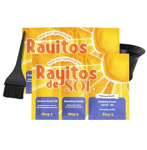 Rayitos de Sol Body Hair Lightening Kit – 2 Pack – Body Hair Bleaching System with Coconut Oil, Bleaching Powder, Oxidizing Cream & Brush | Fast & Skin-Friendly Results