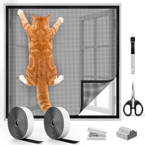 BELICOO Cat Window Guard Thickened Self-Adhesive Window Fly Screen Adjustable DIY Window Mesh Net for Cats with Brush/Scissors/Stapler/Staples Pet Protection Net Keep Bugs Out (Black 100x150cm)