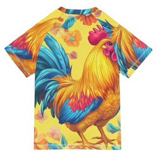 Boys Short Sleeve T-Shirts Rooster Flower Yellow Rashguard Kids Swim Shirts Sun UPF 50+2