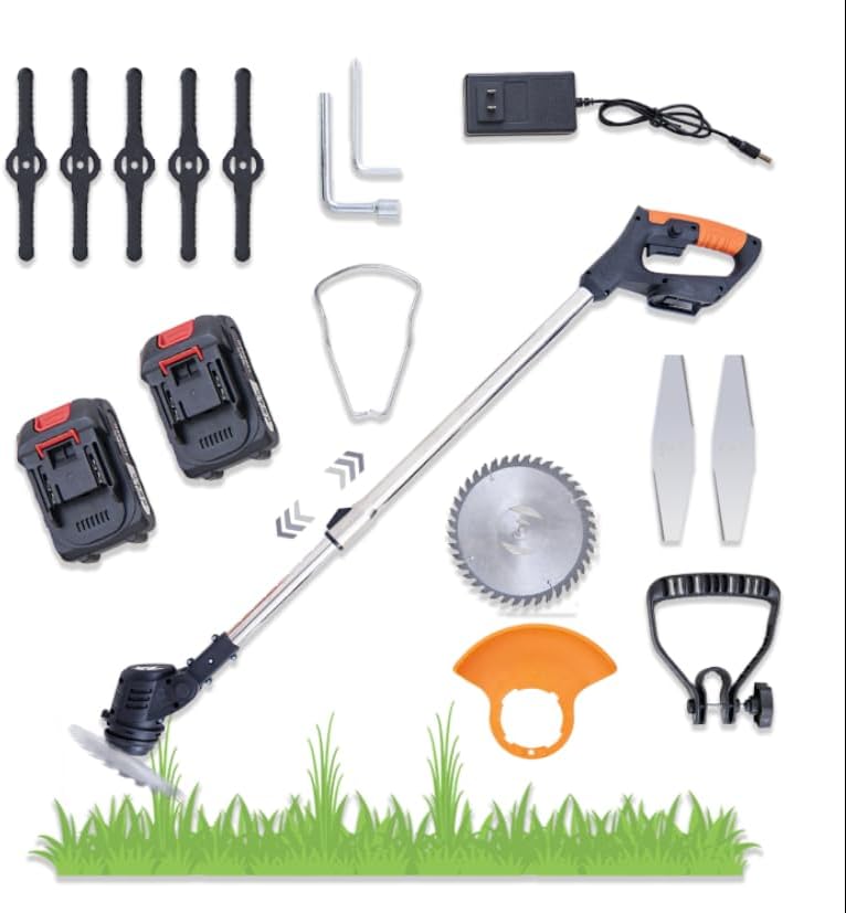 Electric Cordless Weed Wacker, Weed Cordless Eater Battery Powered, Lawn Trimmer Stringless Brush Cutter with 3 Types of Blades, 2 2.0Ah Batteries and Charger for Yard Garden