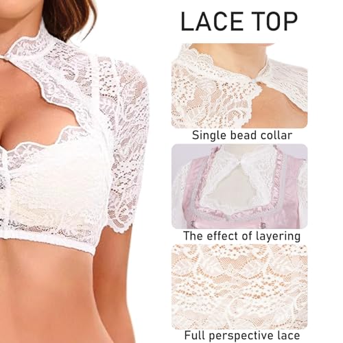 ZXTGBQ Dirndl Bluse Damen Dirndlbluse Spitze Weiß Trachtenbluse Kurzarm V-Ausschnitt Trachten Bluse mit Knopf M