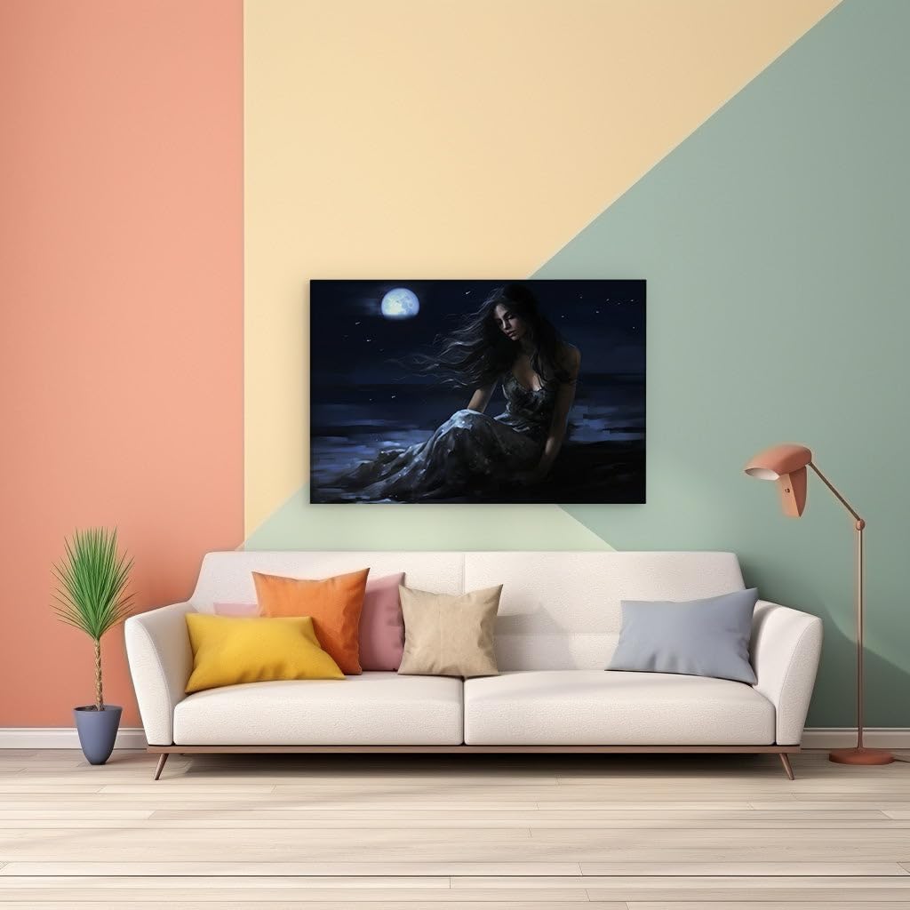 Canvas for Living room. Moonlit Serenity: A Portrait of Nocturnal Peace, 27 x 18 inch Canvas Wall Art - Contemporary Masterpieces - Modern Home Decor