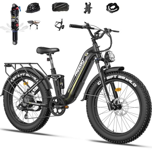 FREESKY Electric Bike for Adults, 35MPH & 105Miles Max Range Ebike, 1600W Power Motor, 48V 25AH, Step-Thru Ebike 26'' Fat Tire Full Suspension with Air Rear Suspension
