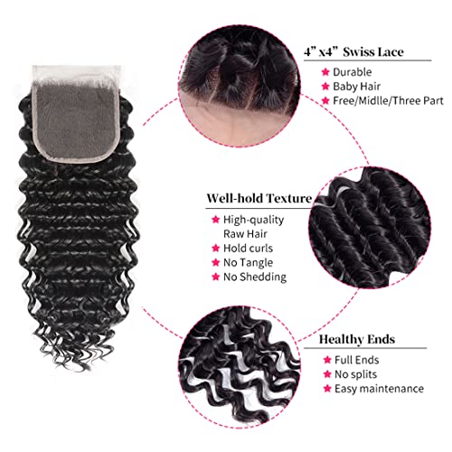 Deep Wave Bundles With Closure Human Hair (24 26 28 30+22 Closure) Curly Bundles And 4X4 Lace Closure 100% Brazilian Virgin Remy Hair Deep Curly Bundles Hair Extension Double Weft Natural Color #TOP2