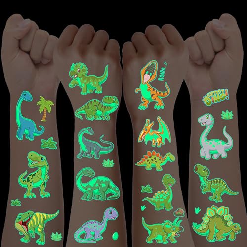 10 feuilles Dinosaure Tatouage Enfant Garçon, Fluorescent Brillant dans Le Noir, Décoration Anniversaire Pinata Jouet Cadeau