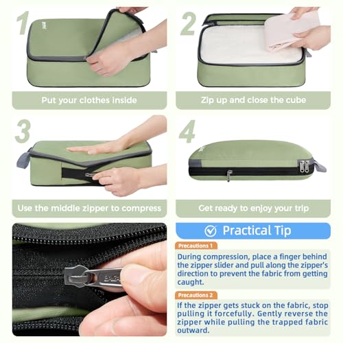 Image of BAGAIL 4 Set /6 Set /8 Set Compression Packing Cubes Travel Accessories Expandable Packing Organizers (Cloth Pattern, 4-Matcha Green)