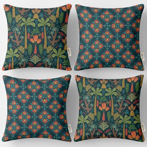 Vargottam Blue Cotton Cushion Covers Set of 4, 16x16 Inch, Dual-Sided Print, Hidden Zipper Closure - Tropical Print