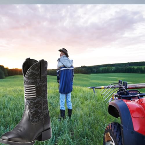 Image of YXCFEWD Square Toe Cowboy Boots for Men Slip Resistant Work Boots Chunky Heel Fashionable Retro Men's Western Boot