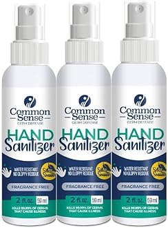 Common Sense Hand Sanitizer Spray, Unscented Travel Size, Non-Irritating Portable Antibacterial Mini Hand Sanitizer Spray Bottle for Purse, 2 oz (Pack of 3)