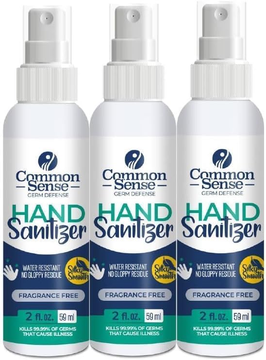 Common Sense Hand Sanitizer Spray, Unscented Travel Size, Non-Irritating Portable Antibacterial Mini Hand Sanitizer Spray Bottle for Purse, 2 oz (Pack of 3)