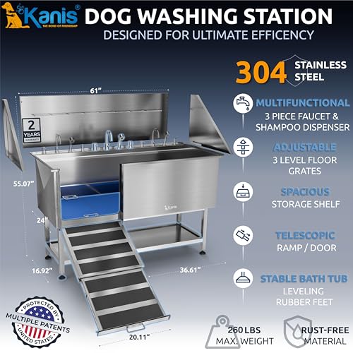 Image of KANIS Professional Dog Washing Station 304 Stainless Steel Pet Wash Sink & Grooming Bathtub w /Shower, Floor Grates and Storage for Large, Medium & Small Pets (Silver, 61 Inches, Left Ramp, Shelf)