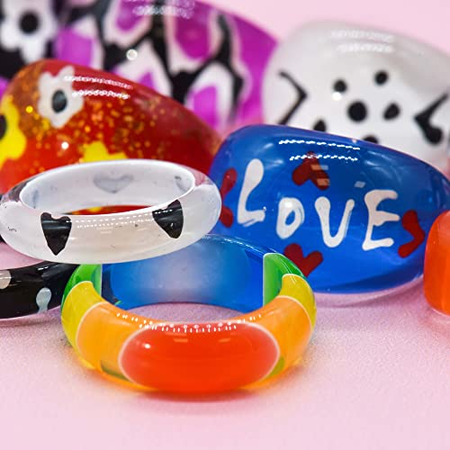 Fablinks 10 Assorted Acrylic Rings For Girls, Chunky Resin Ring For Women, Acrylic Y2K Stackable Cute Trendy Square Rings Party Favors #TOP2