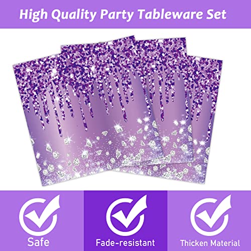 Image of 96 Pcs Purple Silver Tableware Set for Birthday Party Decor Disposable Dessert Plates Napkins Forks for 24 Guests Elegant Purple Tableware for Women Girls Baby Shower Bridal Shower Party Supplies