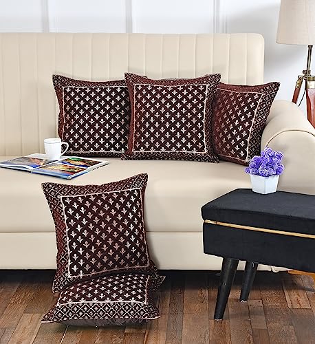 DECOMIZER Jacquard Geomteric Cushion Covers 16 inch x 16 inch Set of 5 Ethnic Motifs Cushion Covers,Design- Star,Color- Coffee