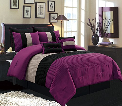 image for Grand Linen 8 Piece King Size Dark Purple/Black/White Pin Tuck Stripe 