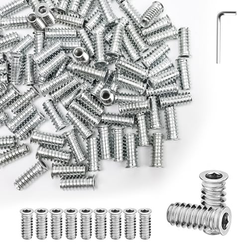 FINELYCR Tuercas Embutidas, 100 Unidades M6 X 25 mm Tuercas Roscadas Hexagonales Insertos, Galvanizado Blanco Insertos Roscados, con Llave, para Unión de Madera, Montaje de Muebles
