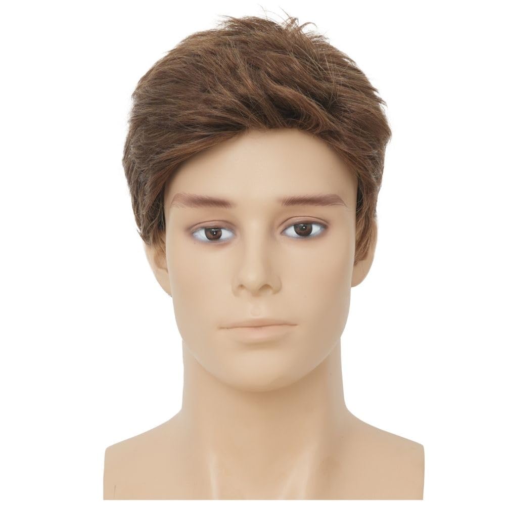 Salaibs Brown Short Wigs for Men Natural Layer Male Hair Syntehtic Heat Resistant Fiber Daily Wig Cap, 10 inches x 2 inches - Image 2