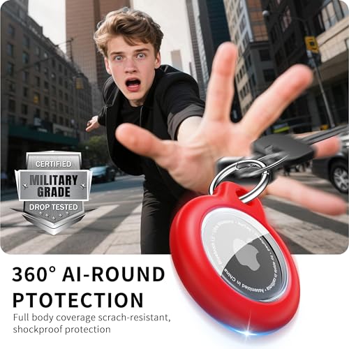 Image of RFUNGUANGO Apple AirTag Holder with Key Ring 4 Pack AirTag Case | Hard Protective AirTag Case for Kid, Pet, Luggage, Backpack, Key - Black /Blue /White /Red