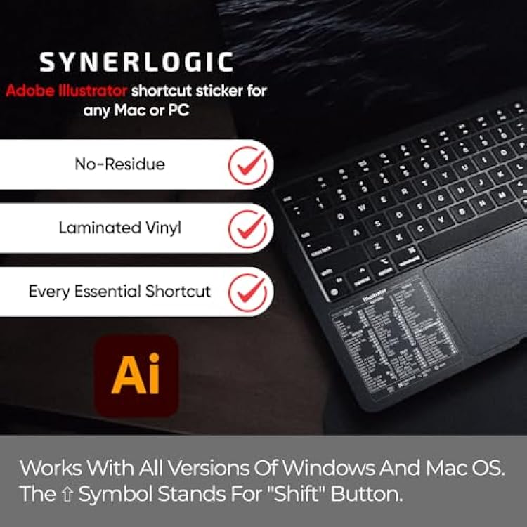 Synerlogic for Adobe Illustrator Quick Reference Keyboard Shortcut Sticker for Any MacBook or Windows PC (Clear-White)