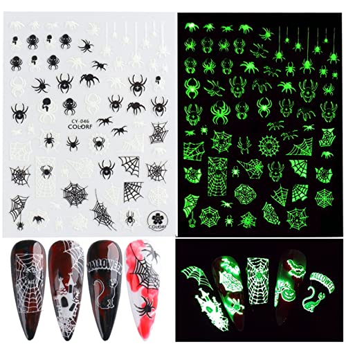 9 Sheets Halloween Nail Art Stickers Decals Self-Adhesive Pegatinas Uñas Cute Scream Spider Web Pumpkin Skull Bat Ghost Witch Nail Supplies Nail Art Design Decoration Accessories Glow In The Dark Luminous #TOP2