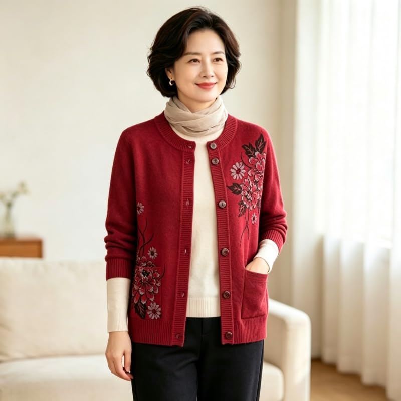 Générique Gilet Cardigan Fleuri pour Femme avec Poches Coupe Ample Fermeture Boutonnée Col Rond Manches Longues Doux et Chaud Idéal pour L'Automne et Le Bureau Au Quotidien.