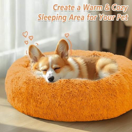 Image of JOLLYVOGUE Calming Dog Bed Medium Size Dog, 31in Donut Washable Medium Pet Bed, Anti-Slip & Anti-Anxiety Fluffy Faux Fur Round Dogs Bed, Fits up to 45 lbs Pets (Orange)