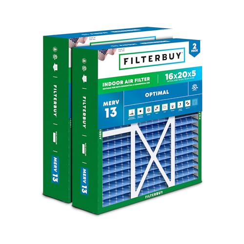 Filterbuy 16x20x5 Air Filter MERV 13 Optimal Smoke & Allergy Defense (2-Pack), Pleated HVAC AC Furnace Filters for Honeywell FC100A1003, Lennox X0592, and More (Actual Size: 15.75 x 19.75 x 4.38)