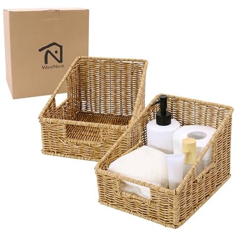 WeeNest Wicker Home Organizer Basket, Office Organization as Book Holder, Desk Organizer, Magazine Holder, Home Organization, Wicker Baskets for Storage, Resin Wicker Set of 2, Tan Cover