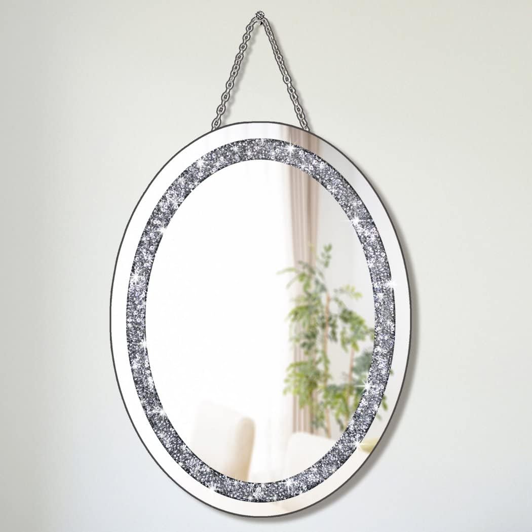 DMDFIRST Crystal Crushed Diamond Oval Shaped Glam Bling Silver Mirror with Silver Chain for Wall Decoration 12x16x0.5 inch Wall Hang Frameless Sparkly Mirror Glass Stunning Home Diamond Decor