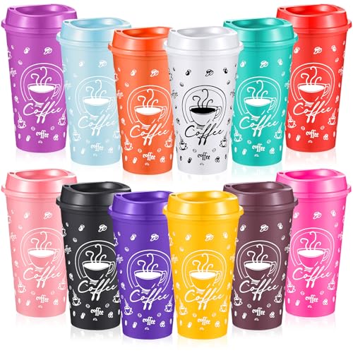 Skybooly 12 Sets Reusable Coffee Cups with Lids, 16oz, Multicolor