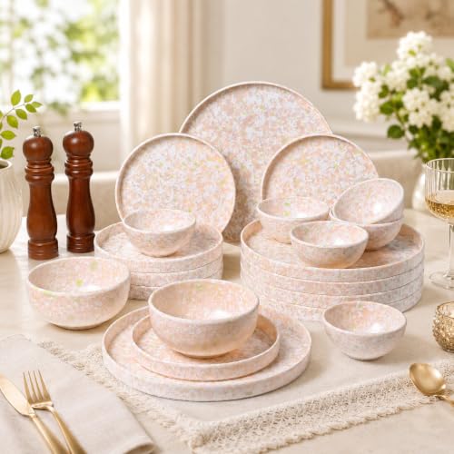 Image of MARKET 99 Blush Bloom Minto Light Pink 20 Piece Stoneware Dinner Set, Glossy Round Dinnerware Set with 6 Full Plates, 6 Quarter Plates, 6 Soup Bowls & 2 Serving Bowls, Food Safe & Refrigerator Safe